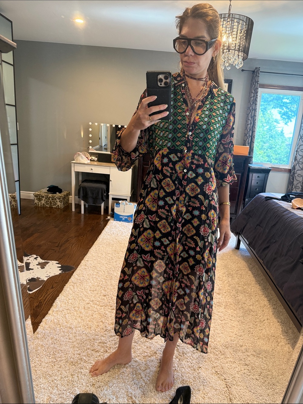 Emily Lovelock Boho Printed Maxi Dress in Black and Green size L